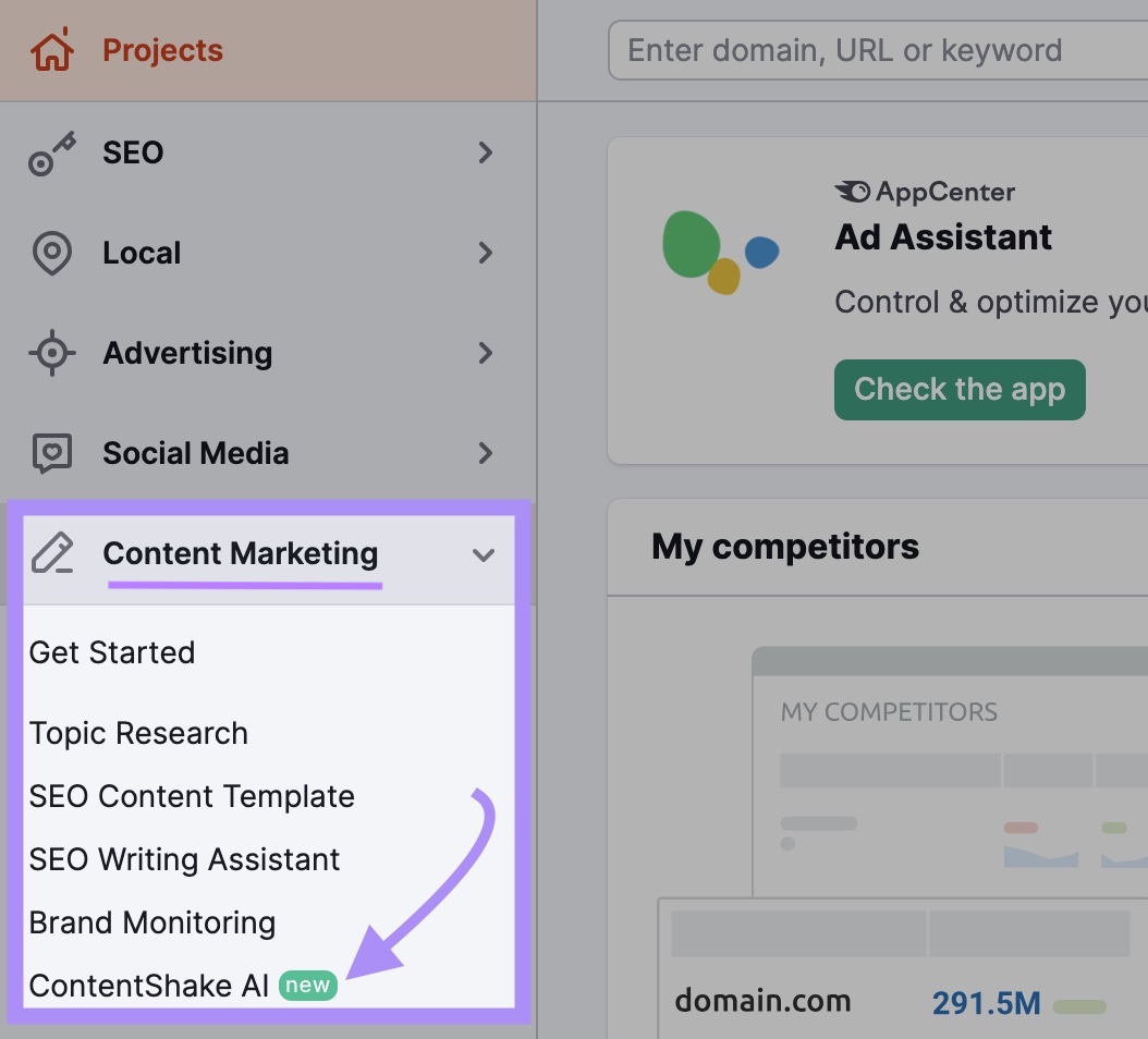 The "Content Marketing" drop-down on Semrush's left-hand side menu open and "ContentShake AI" clicked.