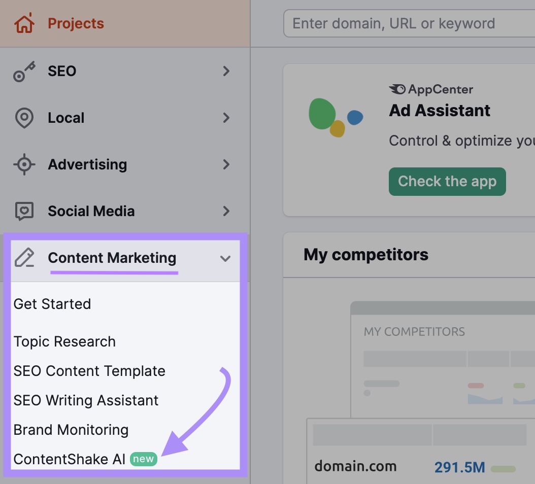 The "Content Marketing" drop-down connected  Semrush's left-hand broadside  paper   unfastened  and "ContentShake AI" clicked.