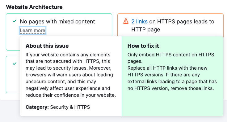 "Why and how to fix it" pop-up opened under "No pages with mixed content” block