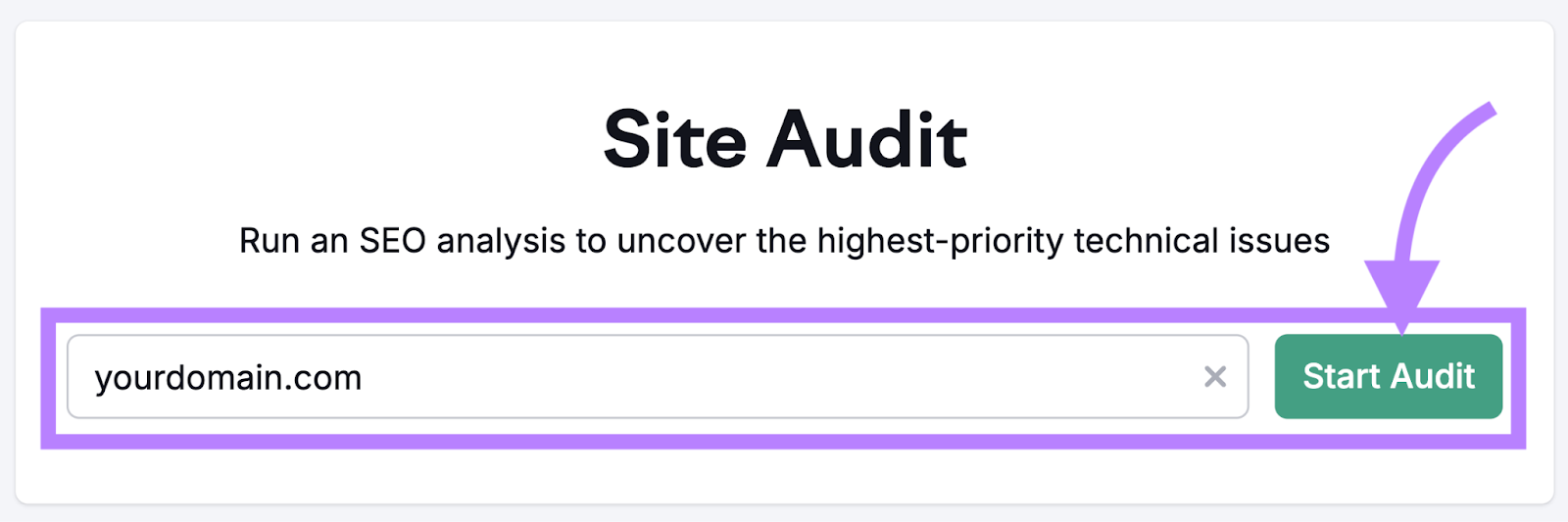 Semrush Site audit's start screen with "yourdomain.com" in the search bar