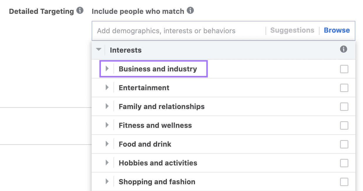 Setting up "Detailed Targeting" in Facebook Ads