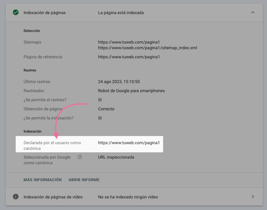 Asegúrate de que la "Declarada por el usuario como canónica" aparece y es correcta