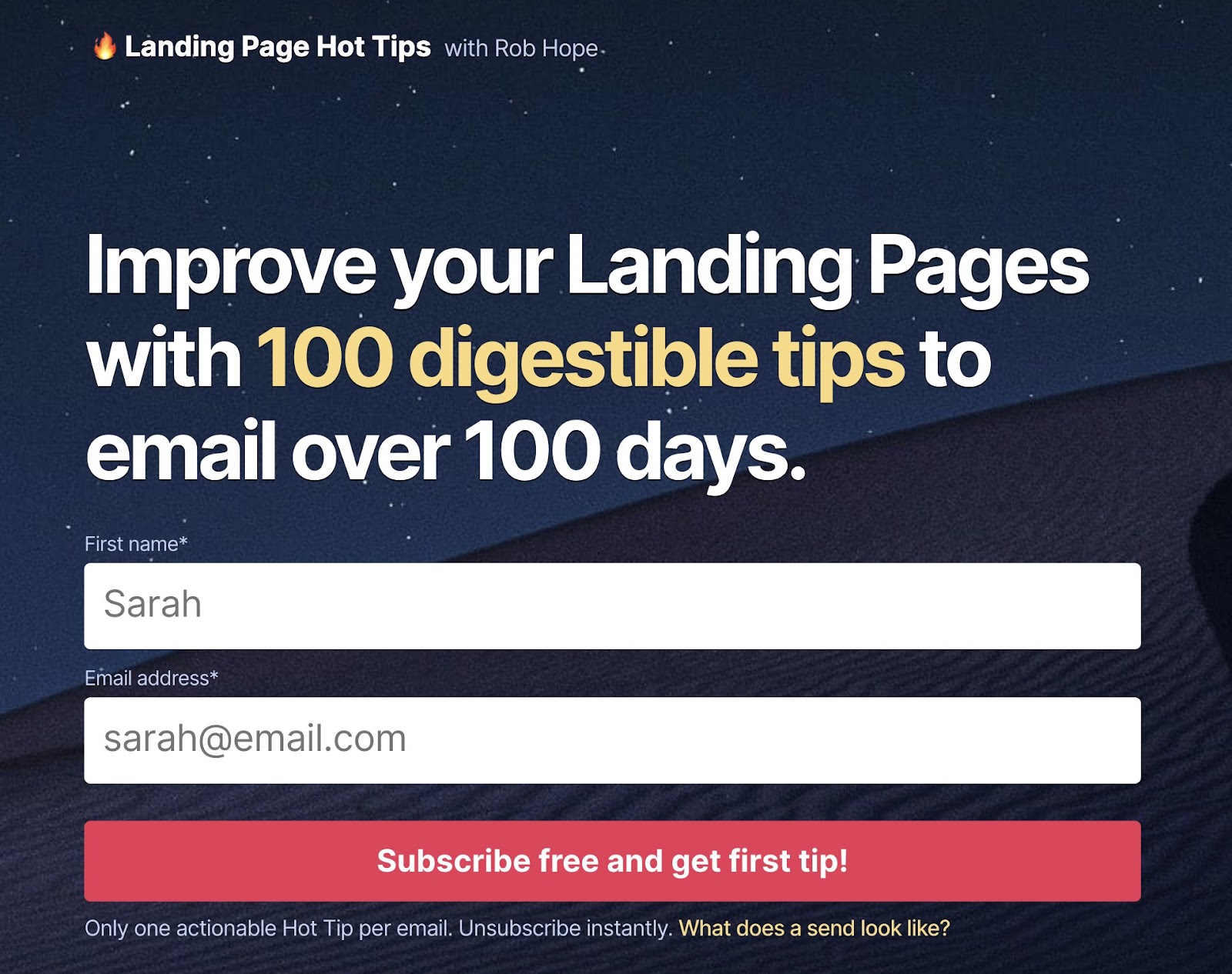 One Page Love's 100-day email course opt-in form