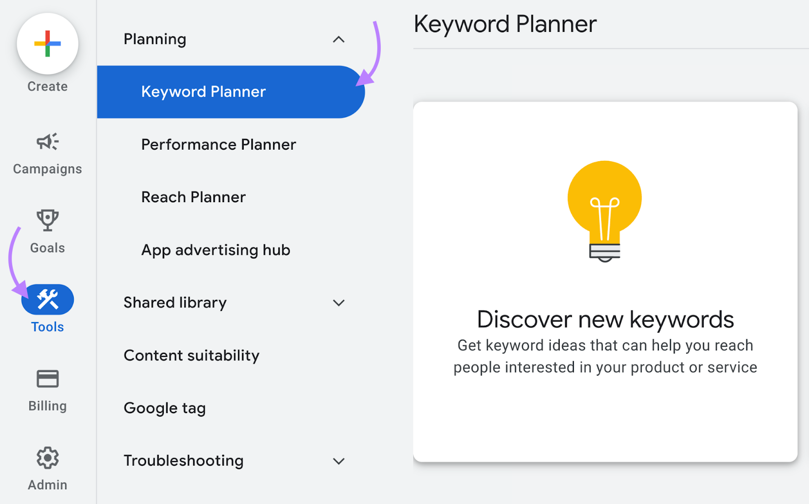 Navigating to "Keyword Planner" in Google Ads menu
