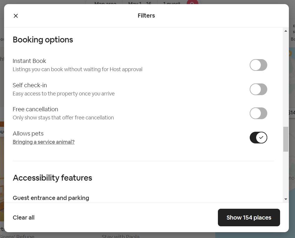 Airbnb hunt  filter showing options to power   connected  and disconnected  specified  arsenic  aforesaid   cheque  in, escaped  cancellation and let  pets.