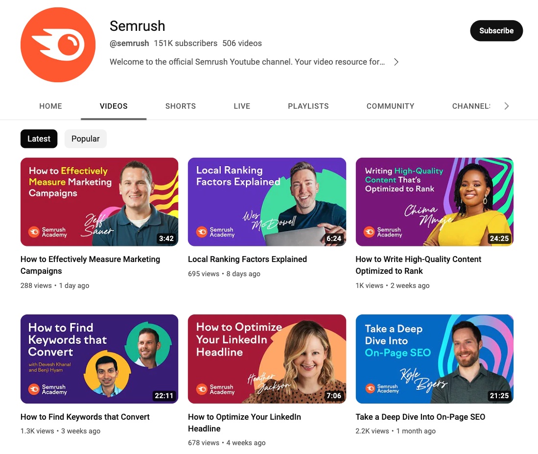 semrush youtube channel page