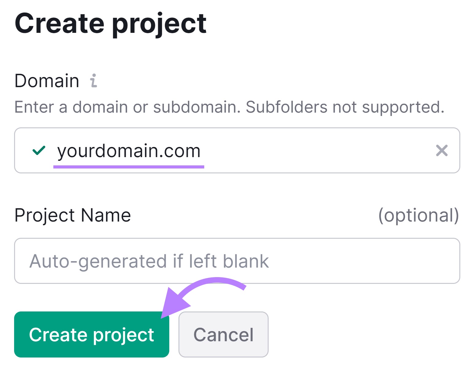 Site Audit tool "Create project" window with the domain name and "Create project" button highlighted.