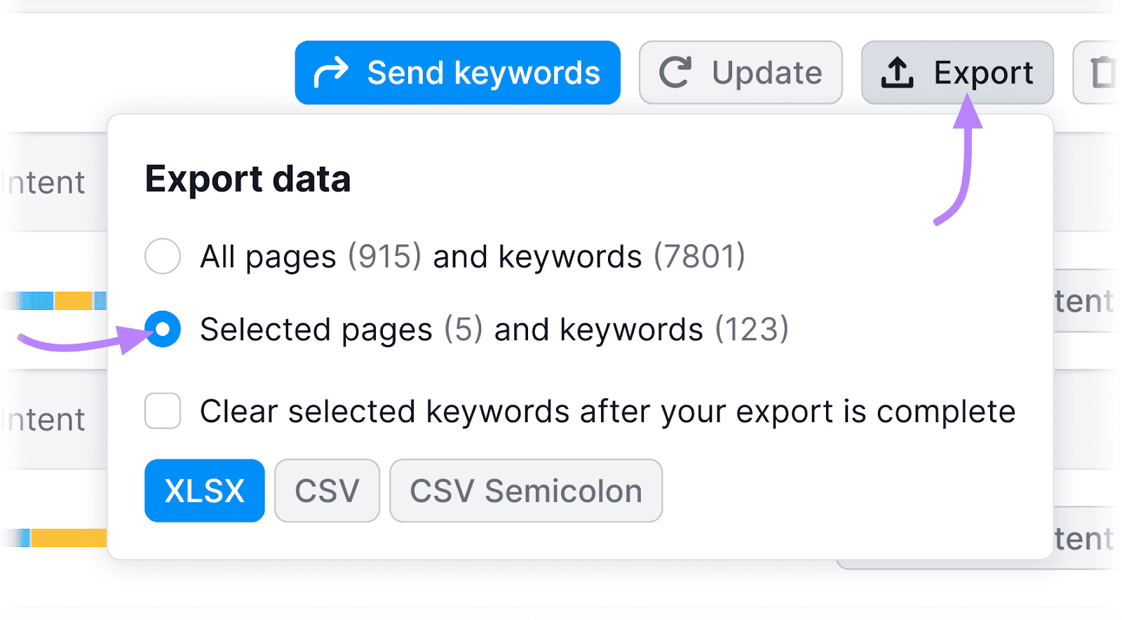 Dropdown "Export" menu from "Page Details" with options for exporting data, with a focus on "Selected pages and keywords."