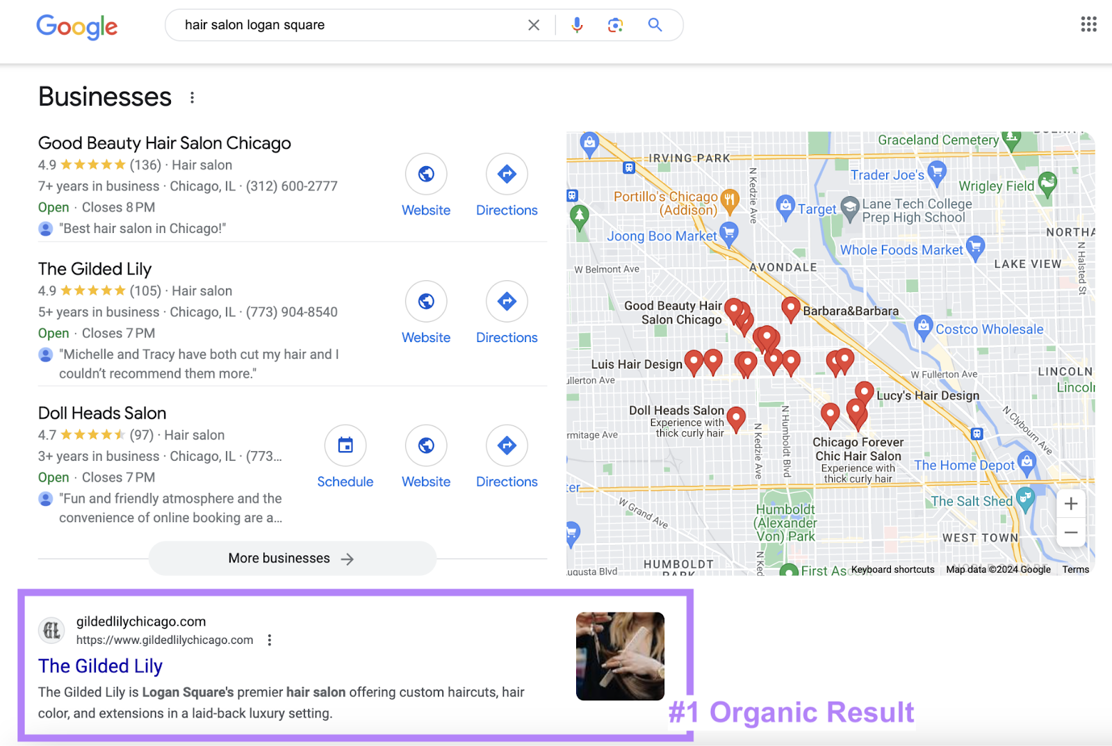 number one organic result highlighted beneath the local pack