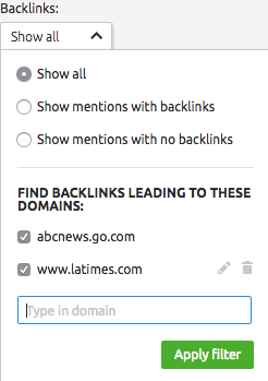 Il filtro "Backlinks" di Brand Monitoring Tool