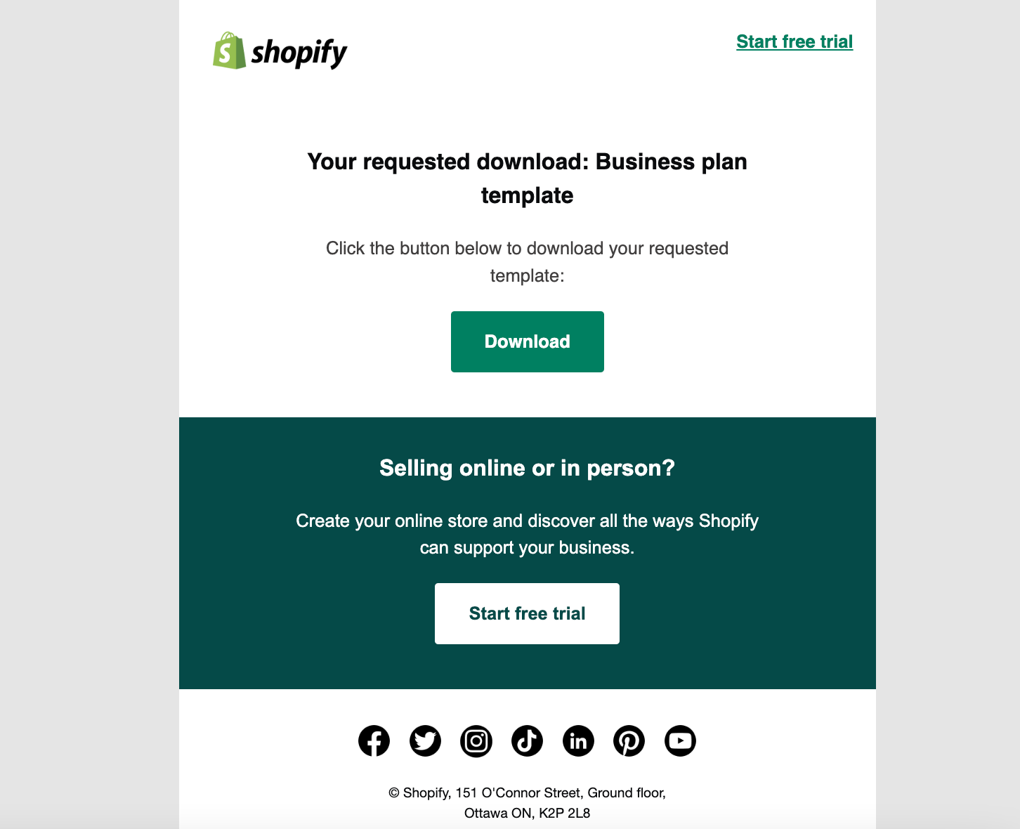 Shopify's email with a downloadable business plan template