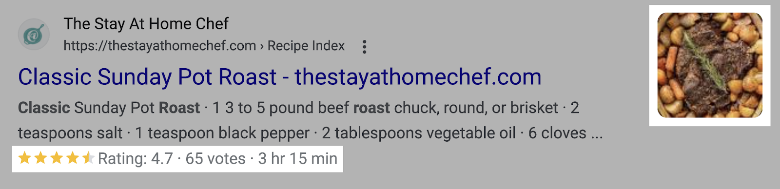 an example of a recipe snippet for classic Sunday pot roast on The Stay At Home Chef website