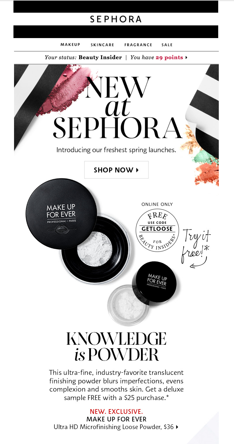 Newsletter da Sephora, uma empresa que usa espaço negativo como parte da sua identidade visual.