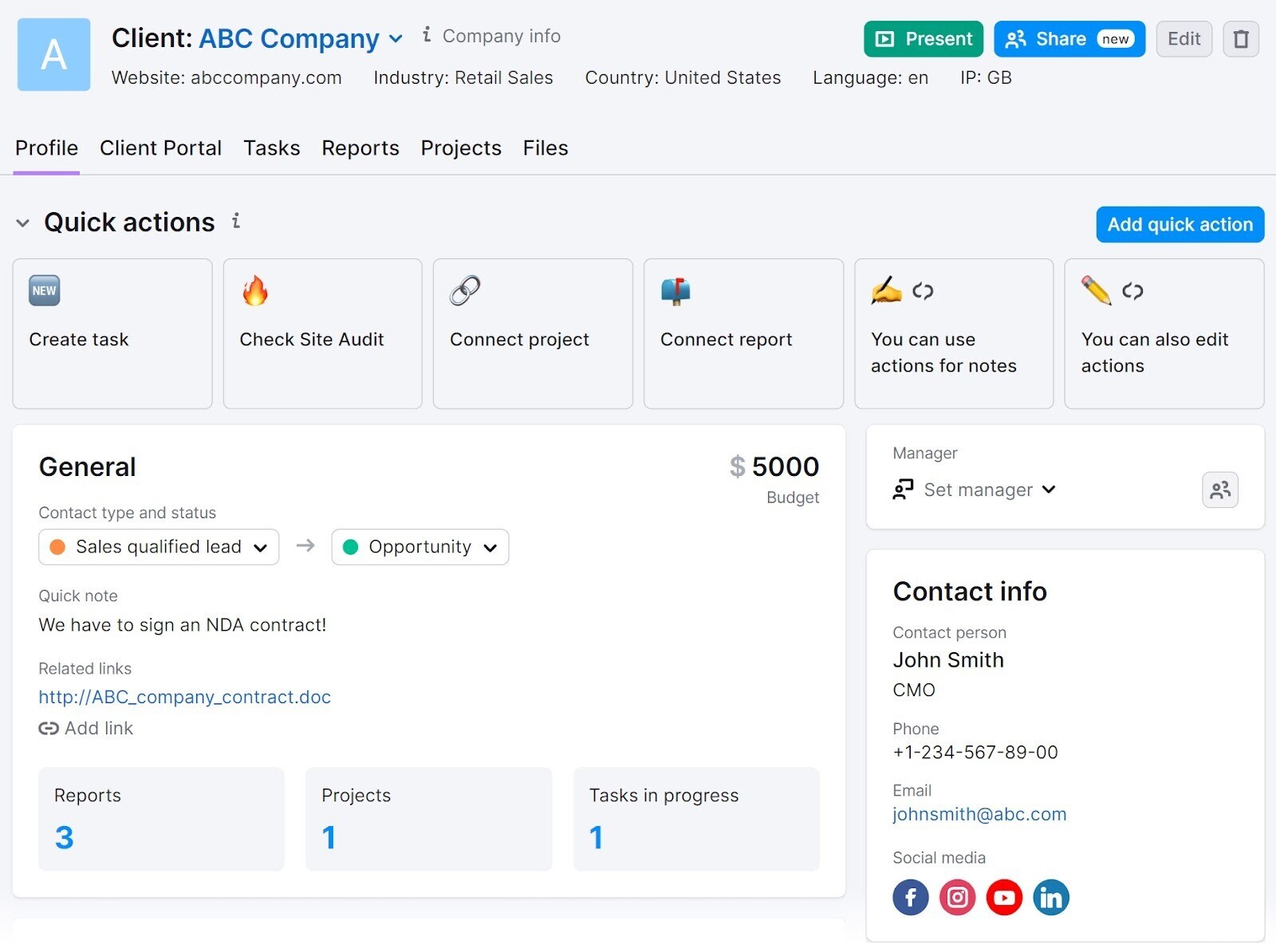 Semrush CRM dashboard