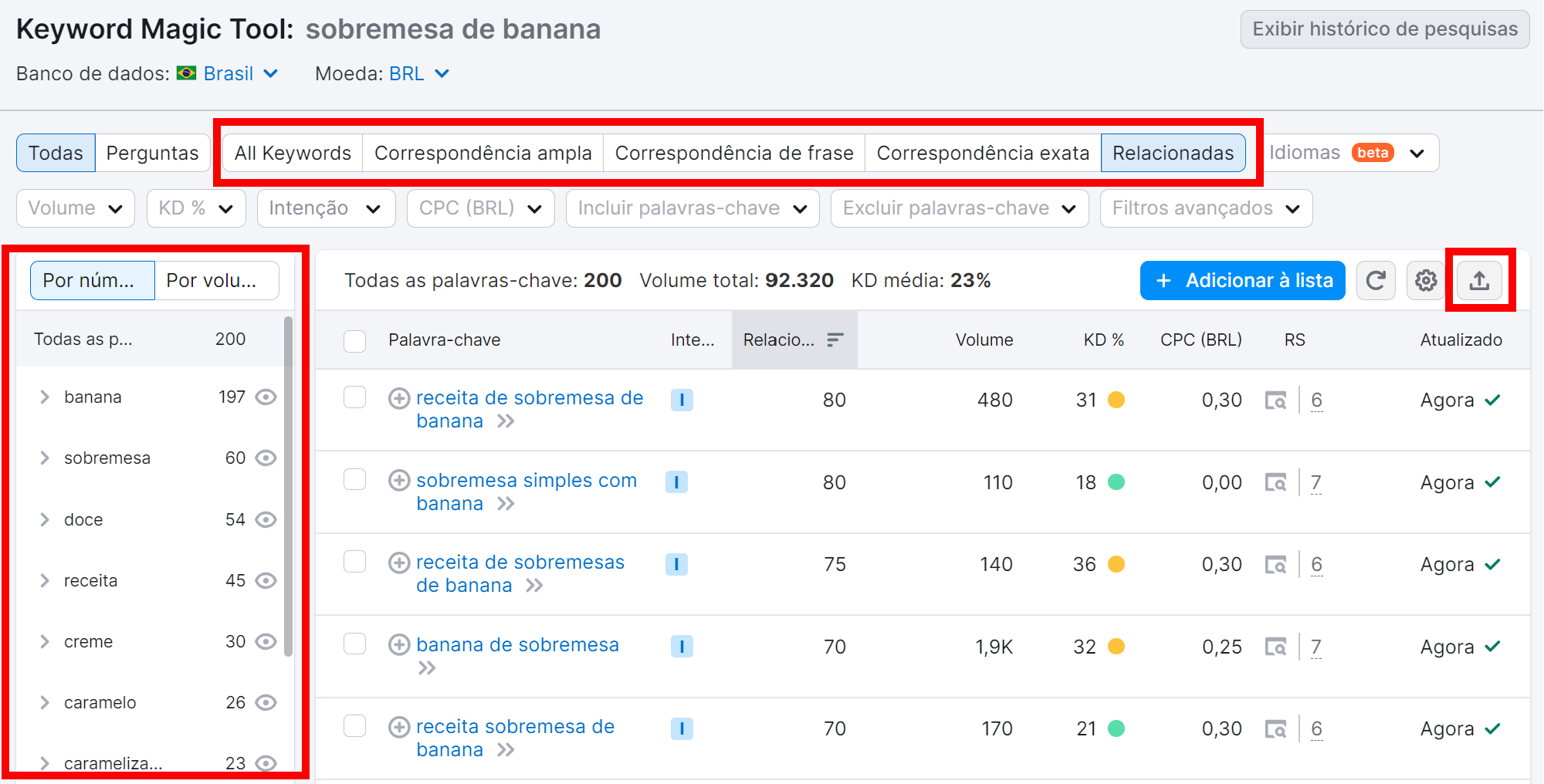 filtrando palavras-chave relacionadas na ferramenta keyword magic tool da semrush