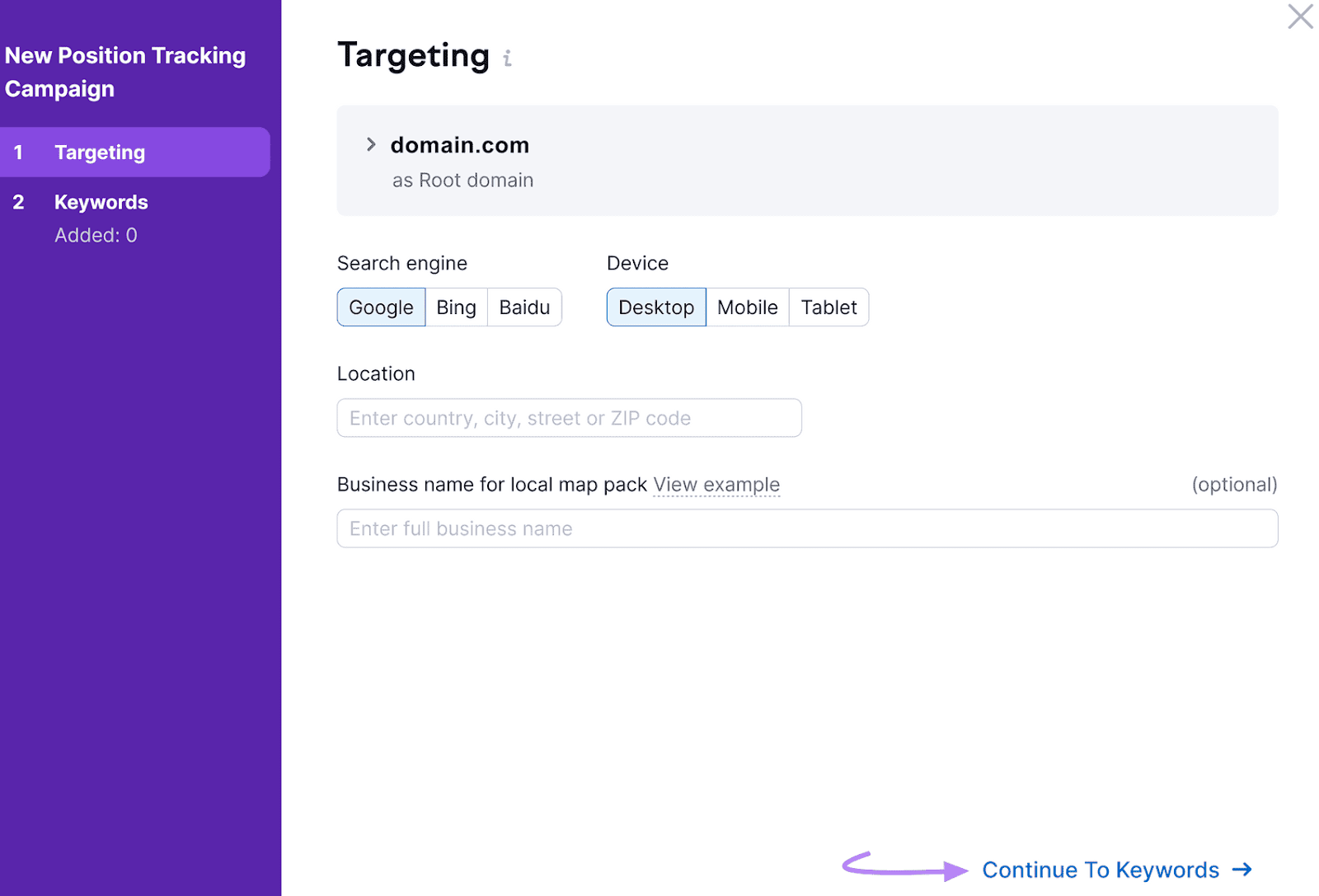 Position Tracking user interface for setting up a new position tracking campaign with options for targeting