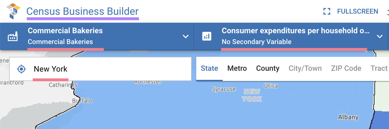 an example of search for commercial bakeries in New York with Census Business Builder tool