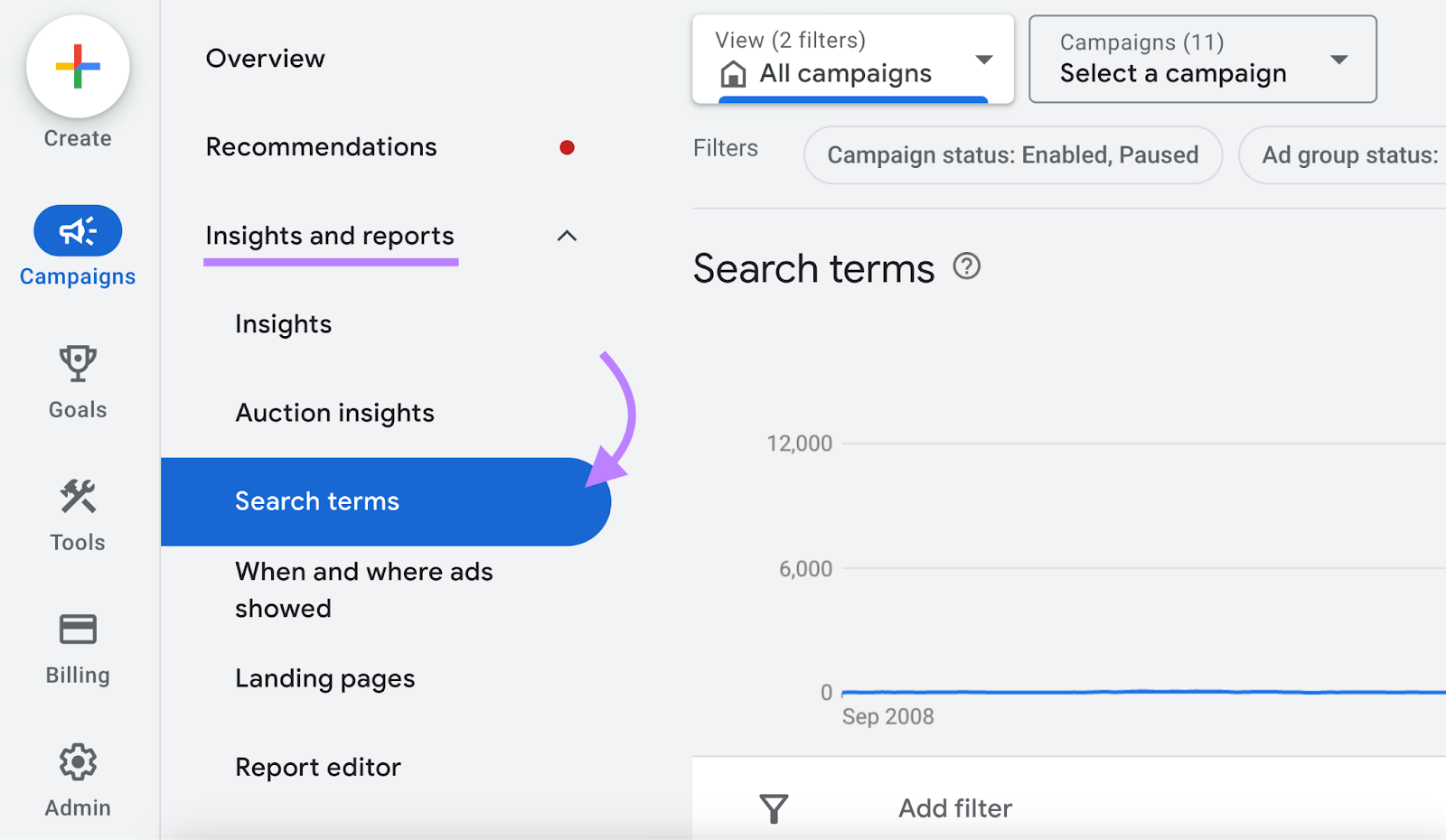 navigating to “Search terms” in the left-side menu of Google Ads