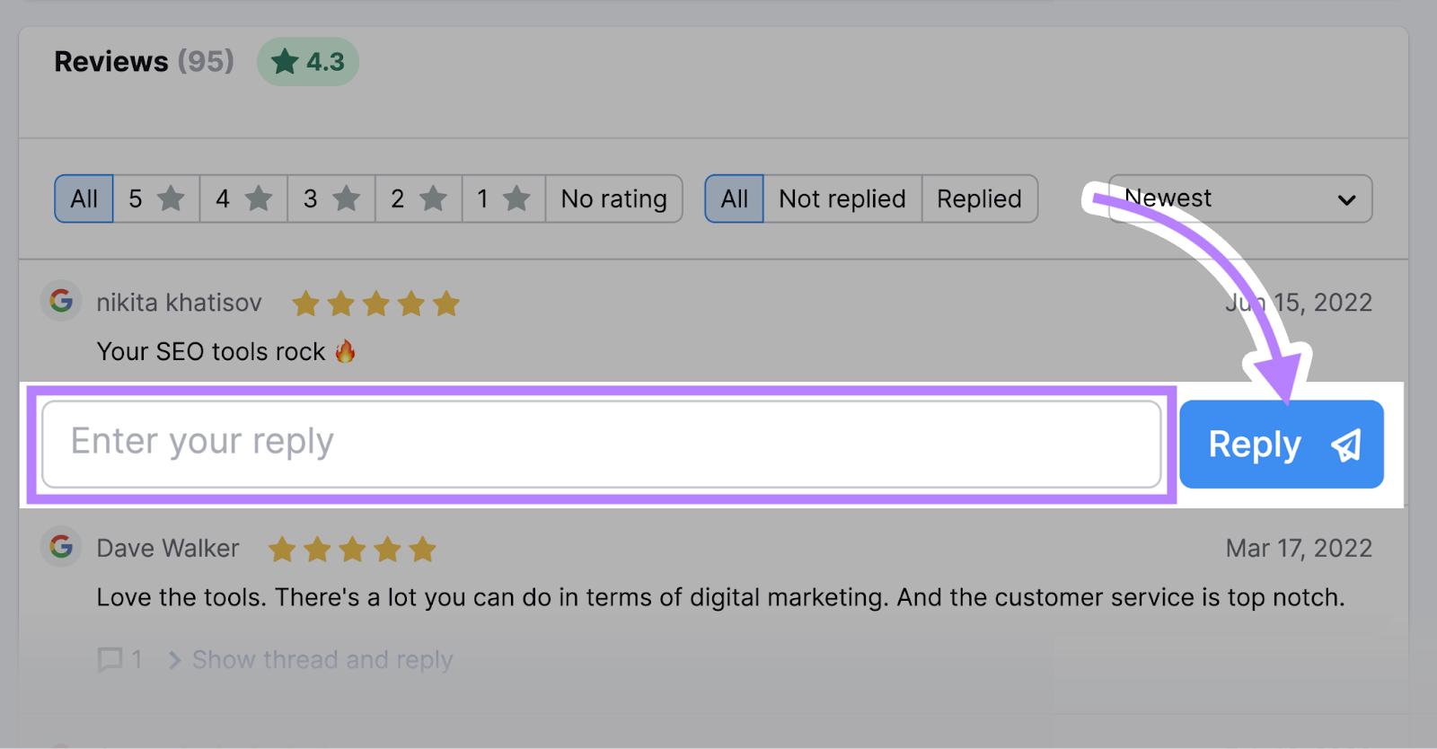replying to reviews right from Listing Management tool