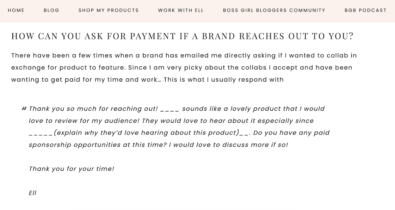 Blog post gives an example email the author used for her own blog.