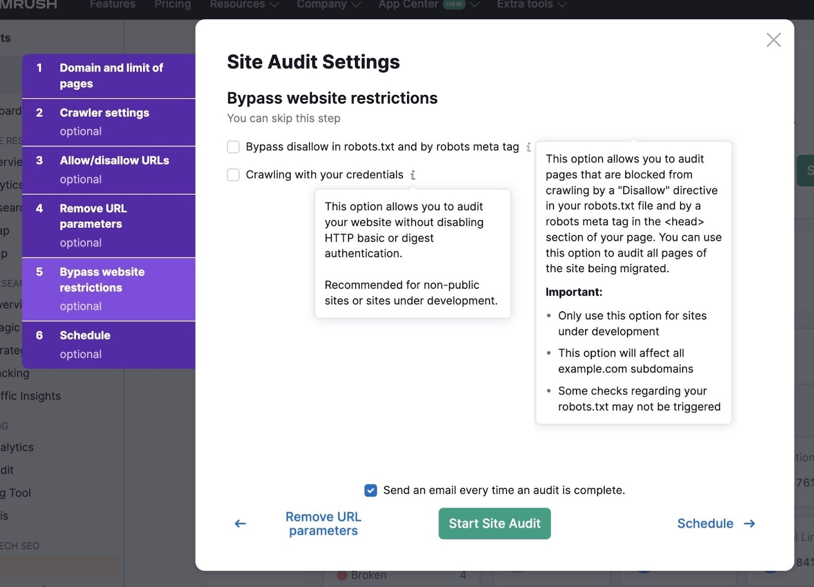 Bypass website restrictions settings page on Site Audit to bypass disallow in robots.text or crawl with your credentials.