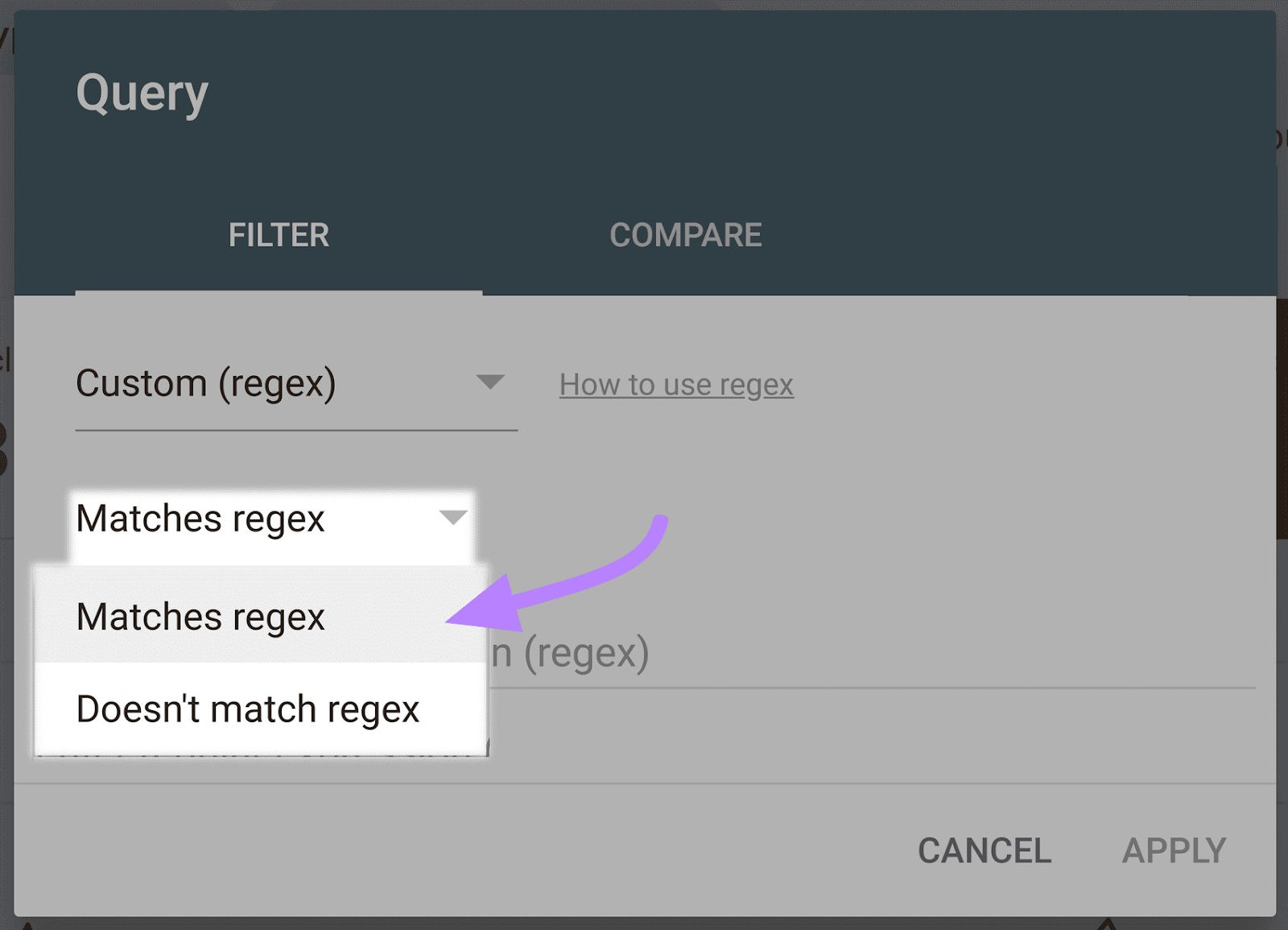 “Matches regex" selected from the drop-down menu