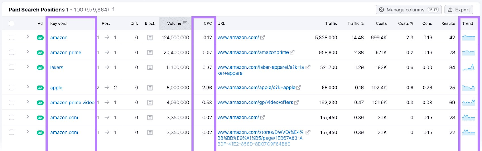 "Paid Search Positions" table in Advertising Research tool