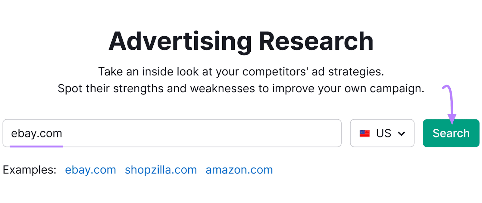 Semrush Advertising Research tool interface with "ebay.com" in the search bar and a "Search" button marked with a purple arrow