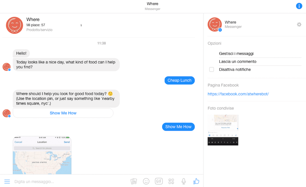 Esempio di implementazione di chatbot in una pagina aziendale: Where