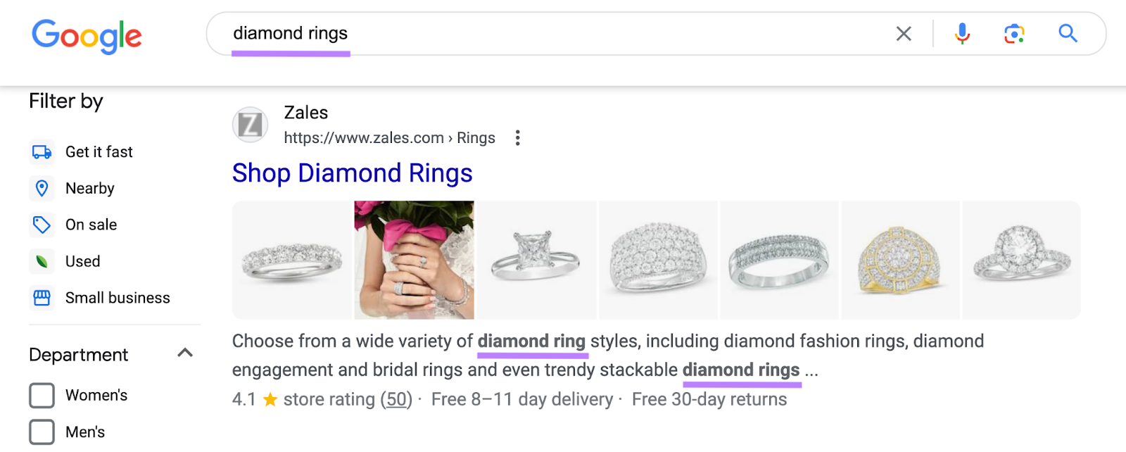 Google showing Zales leafage   arsenic  the apical  SERP effect   for 'diamond rings' keyword