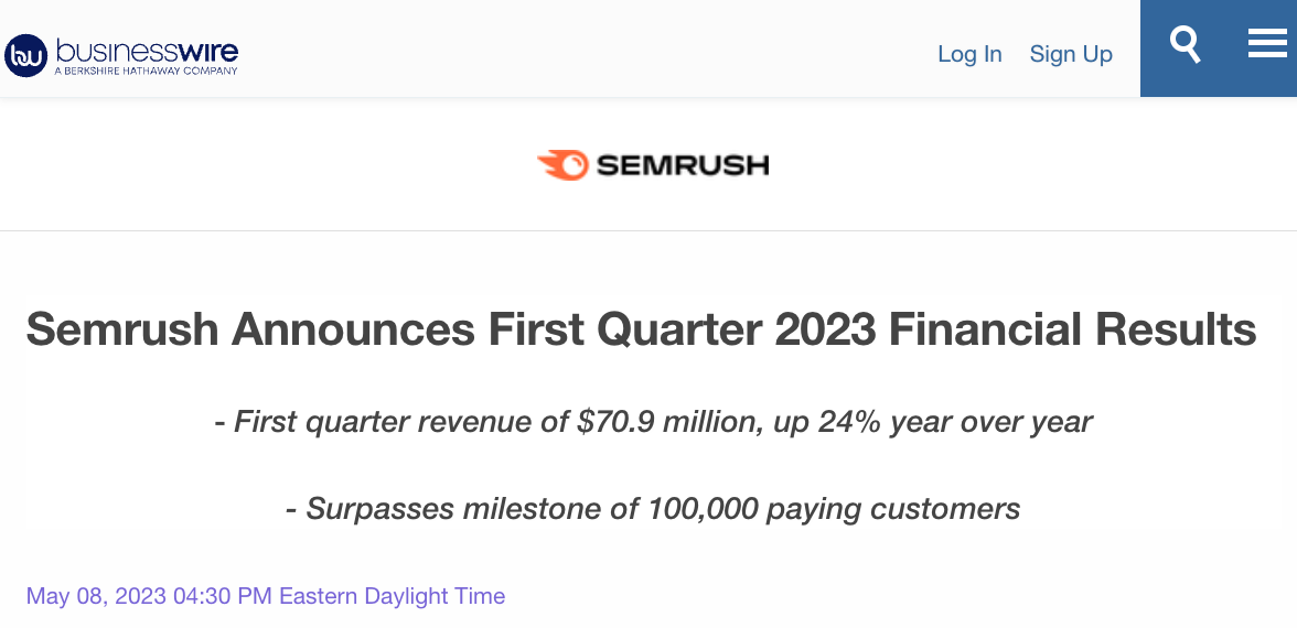 Subheadings under Semrush's financial results announcement