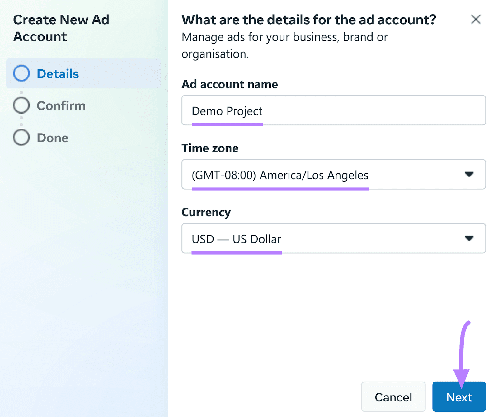 "Details" window in "Create New Ad Account" settings
