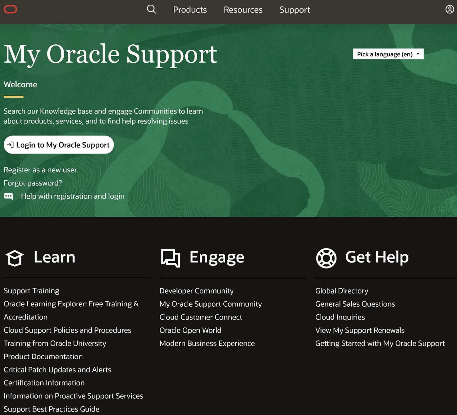 My Oracle Support customer support portal with sections for Learn, Engage, and Get Help.