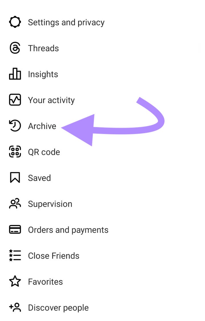 “Archive” highlighted in the Instagram menu