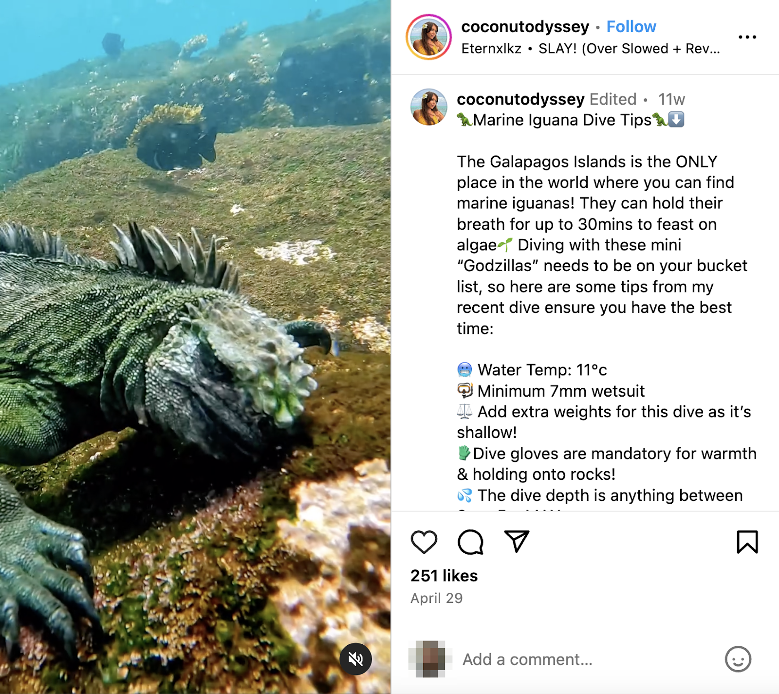 instagram video post of a Godzilla-like underwater reptile