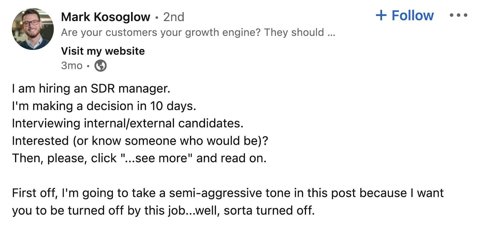 Mark Kosoglow's LinkedIn post about hiring the new SDR manager