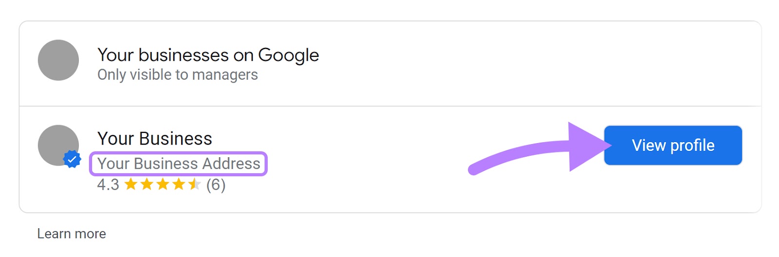 "View profile" button highlighted next to a business