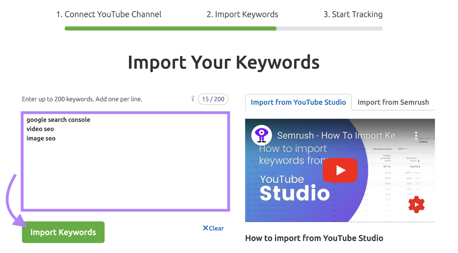"Import Your Keywords" box in Rank Tracker for YouTube