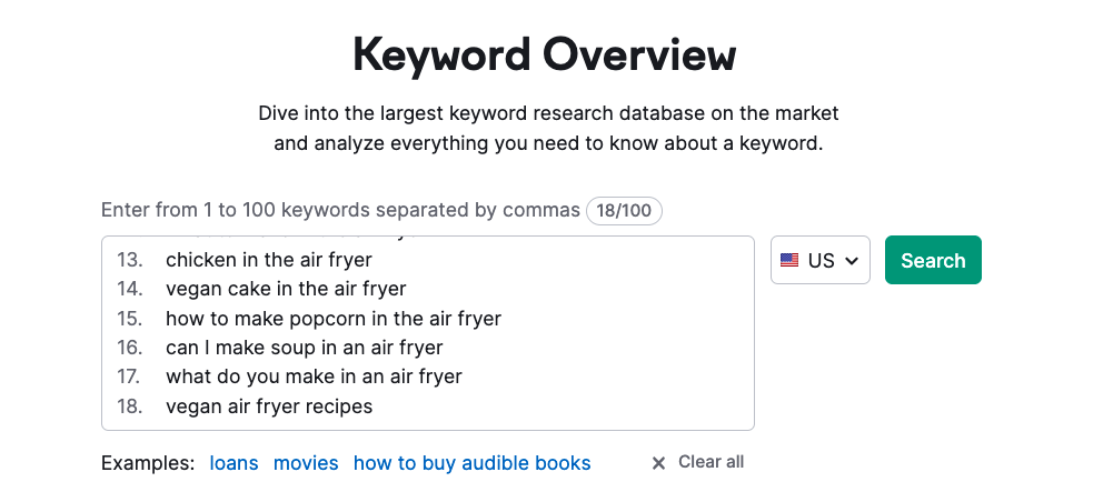 Interface of keyword overview with air fryer keywords