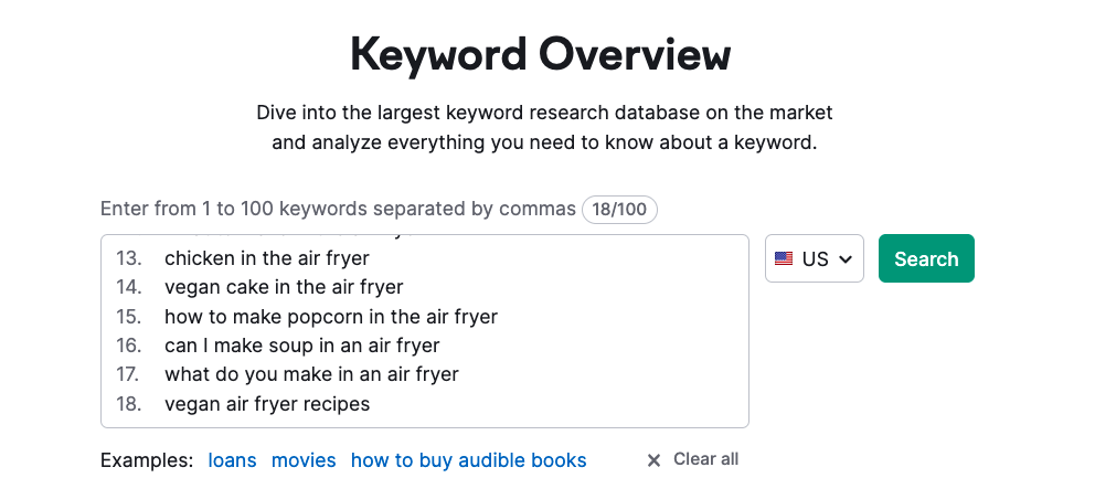 Interface of keyword overview with aerial  fryer keywords