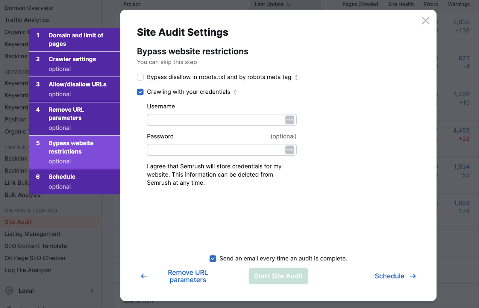 "Bypass website restrictions" section under "Site Audit Settings" window
