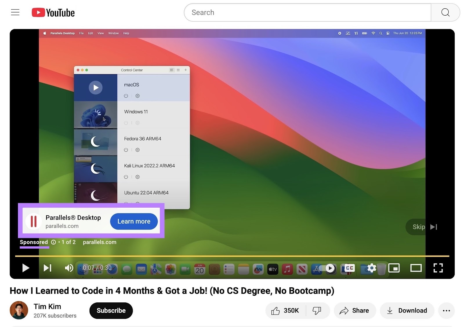 A video ad on Youtube by Parallels Desktop with the "Sponsored" tag highlighted.