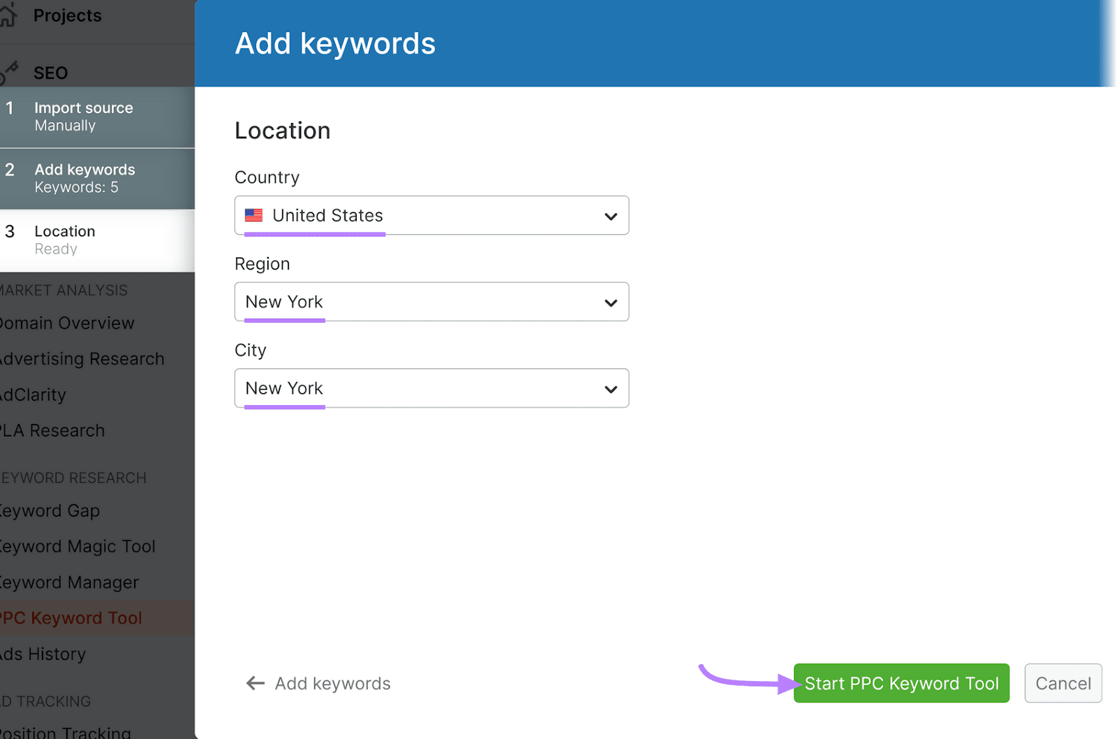 PPC Keyword Tool interface for adding keywords with location fields and a "Start PPC Keyword Tool" button.