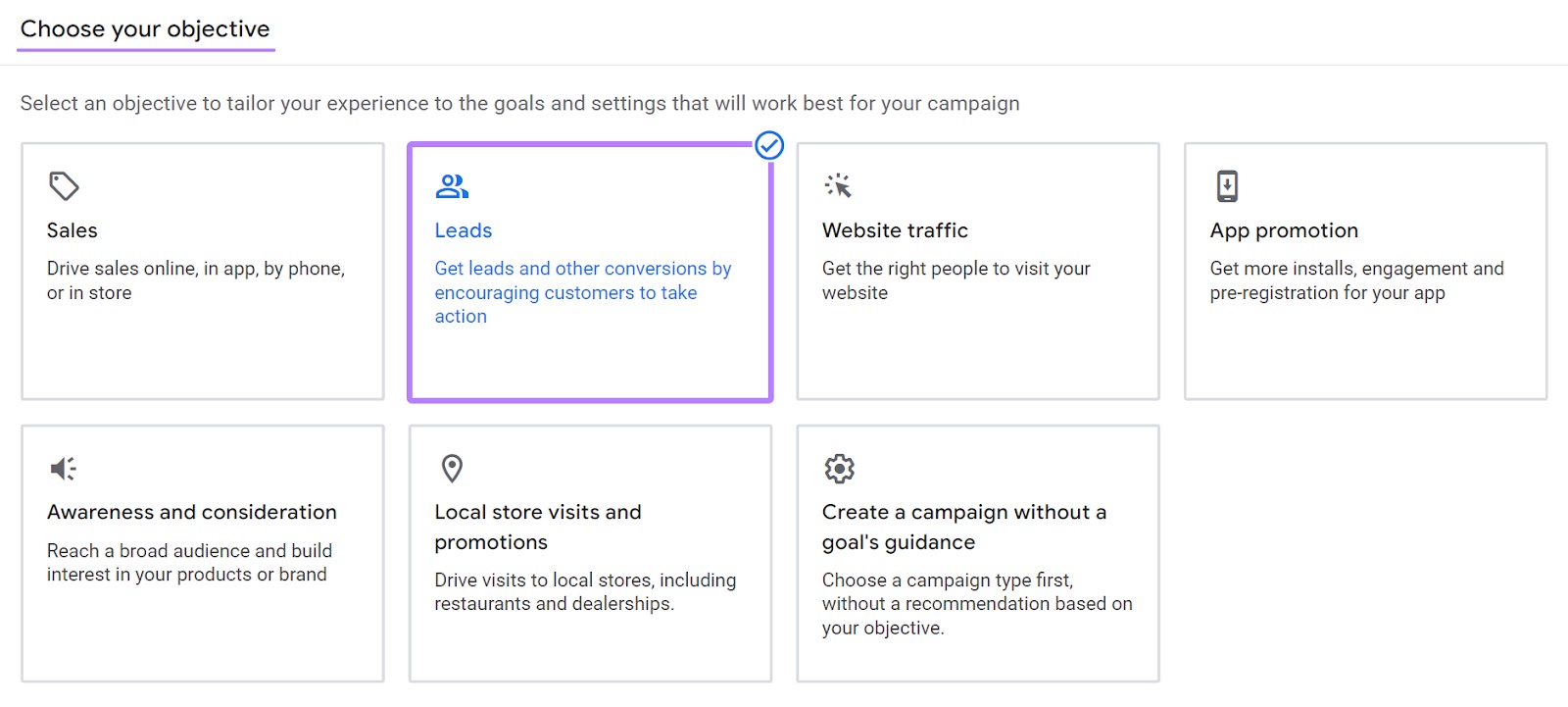 Google Ads campaign objective screen showing the option to focus on leads.