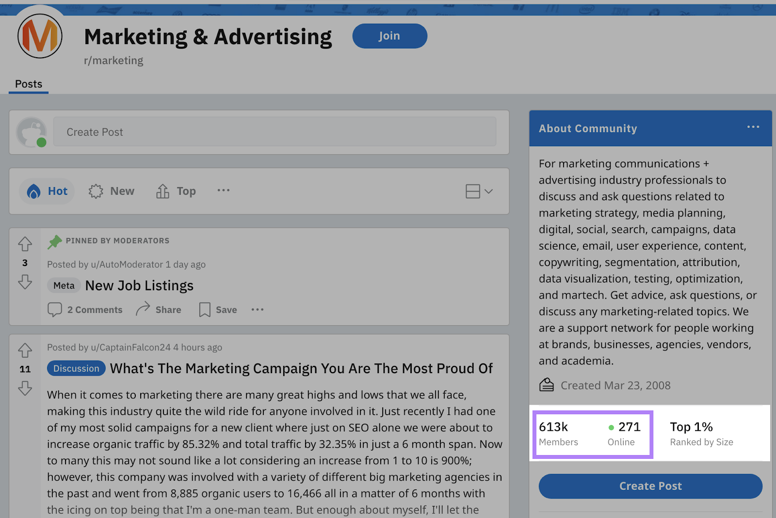 Number of users (613k) and online (271) metric highlighted in "Marketing & Advertising" subreddit sidebar