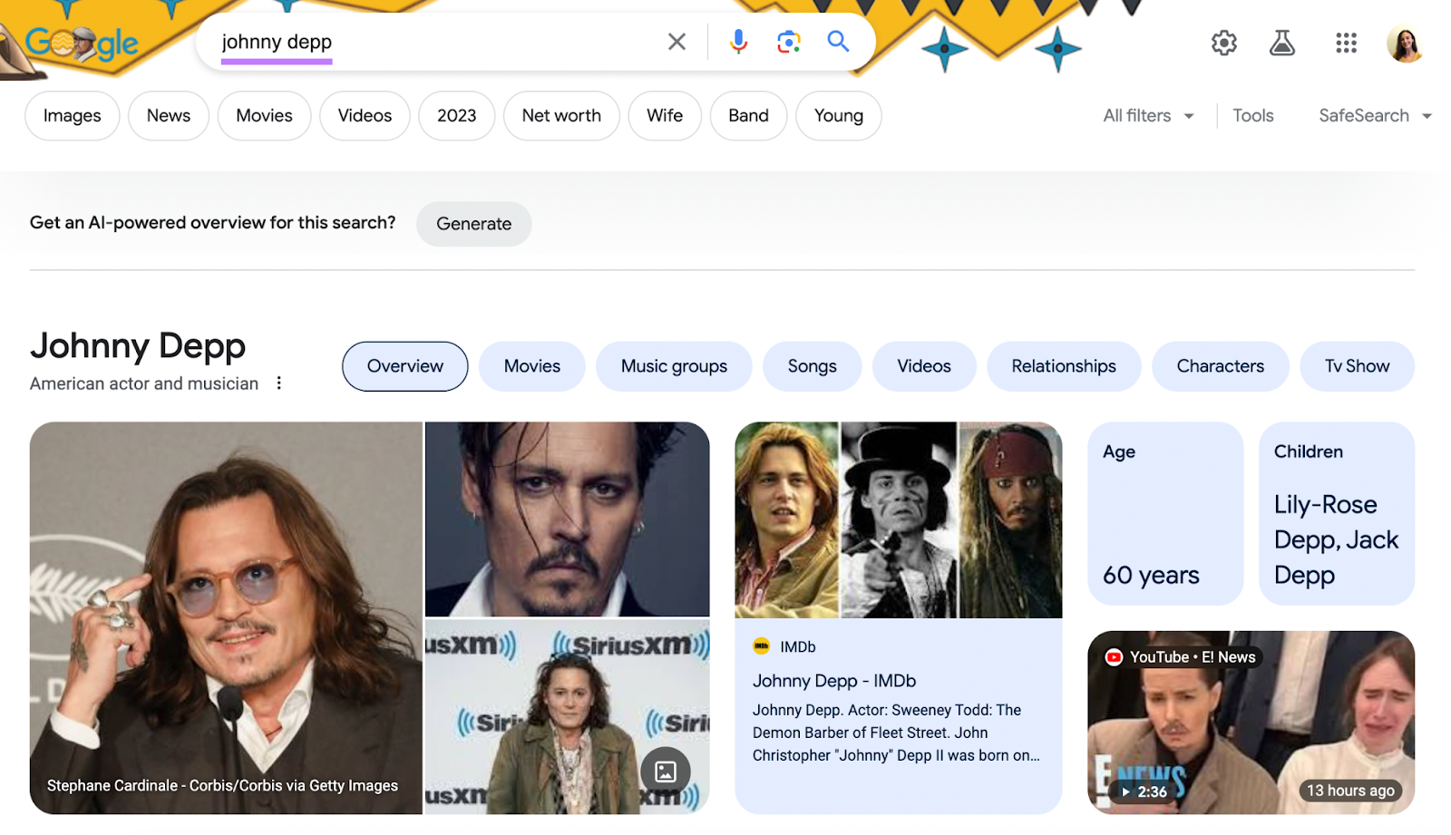 Google's top of page results for “Johnny Depp"