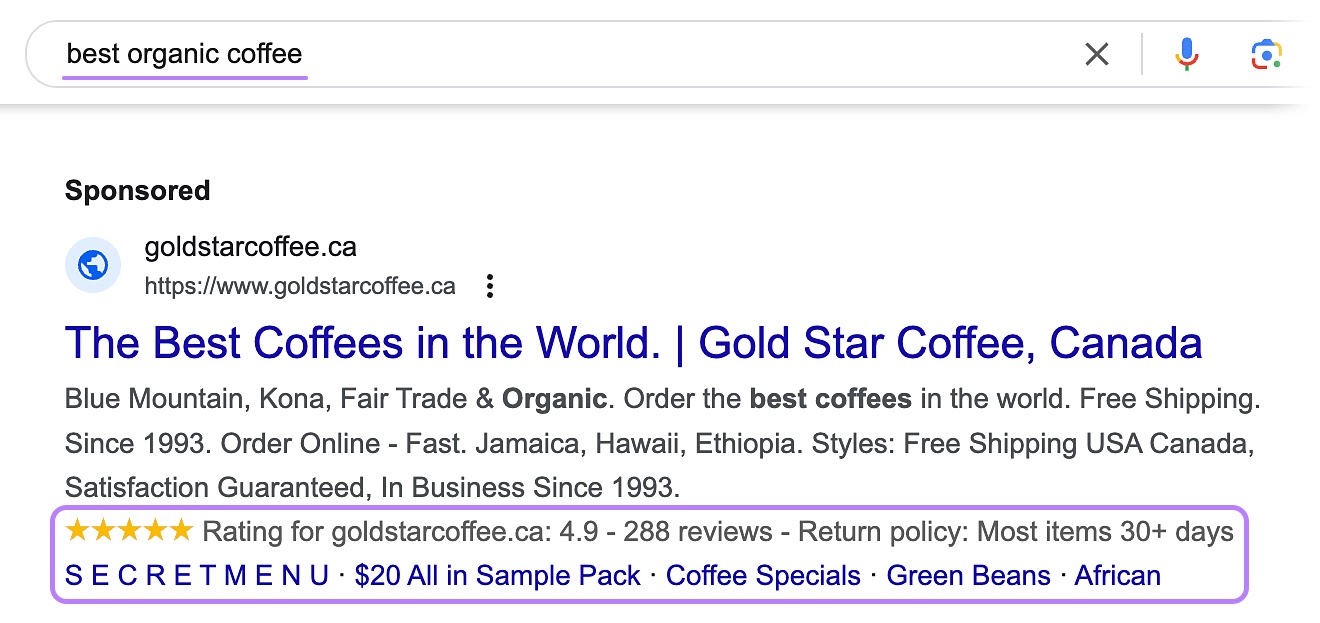 Google search ad for “best organic coffee” query