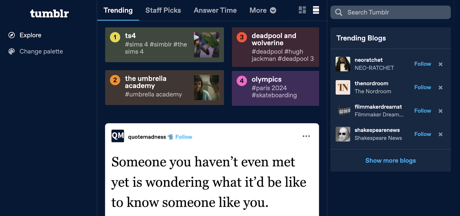 trending posts include a quote as well as topics like the olympics and deadpool and wolverine