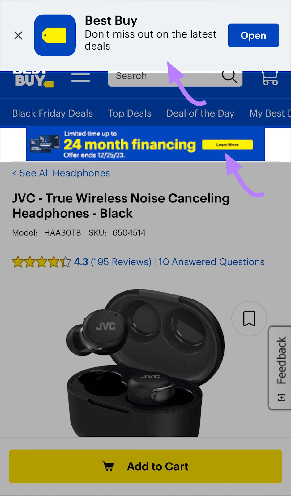 Best Buy product page for noise-canceling headphones with two mobile banner ads at the top of page