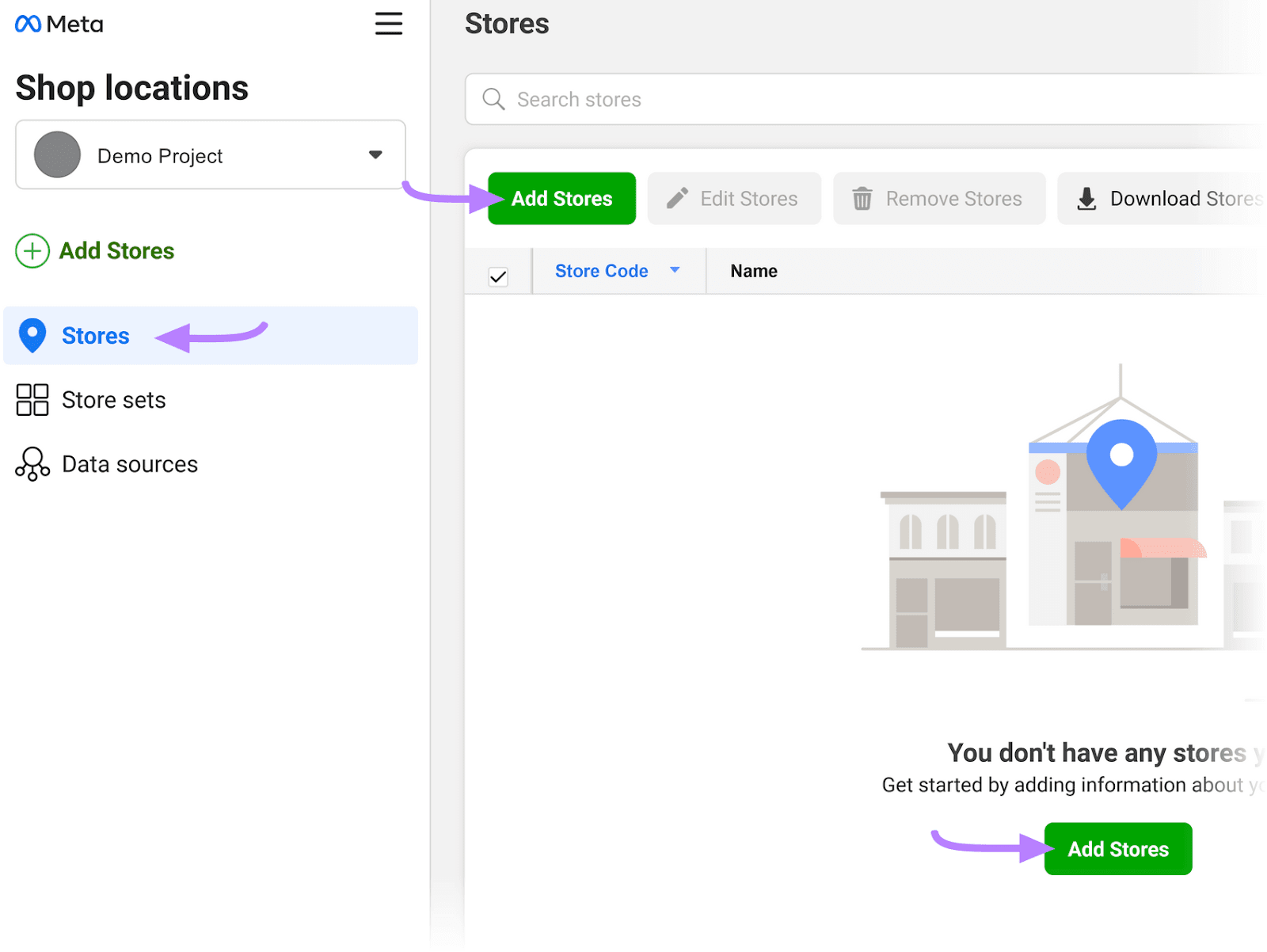 “Add Stores" green button highlighted under the "Stores" window